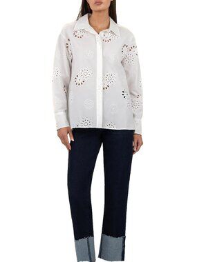 Kut from the Kloth Marissa Embroidery Button-Down Shirt S White Eyelet Placket